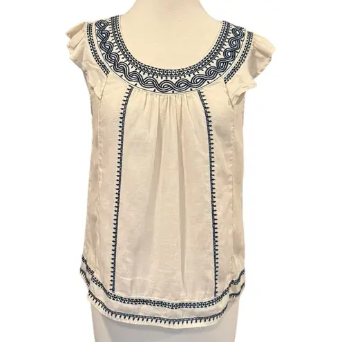 J. Crew Point Sur Linen Embroidered Tank Flutter Sleeves Boho Coastal Cowgirl XS Blue