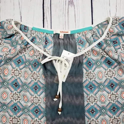 Hollywould NWT Sheer Printed Tie Bust 3/4 Sleeve Peasant Top Women's Size Small