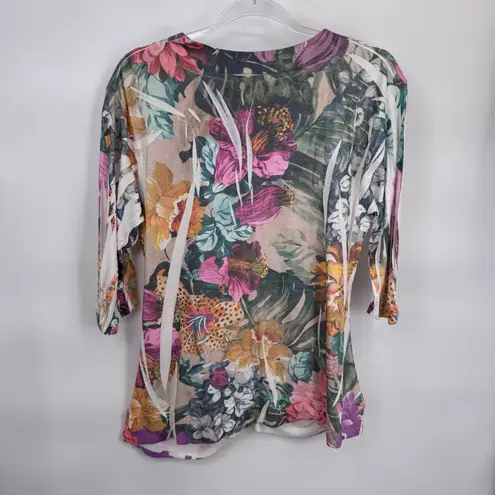 Susan Lawrence Y2K Floral Button Front Cardigan Top Womens XL White Cotton Blend