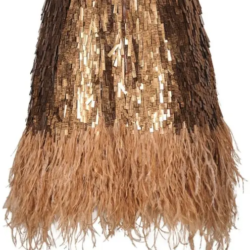 NWT Johanna Ortiz Chemical Attraction Metallic Feather Trim Minidress Gold Sz 10