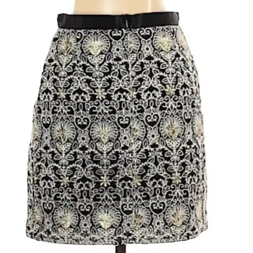 The Kooples Black Pencil Skirt Cream & Gold Embroidery Size S Designer Elegant Mini