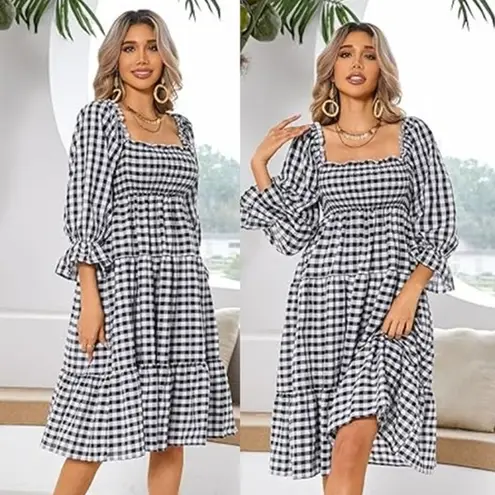 R.Vivimos Puff Sleeve Smocked Tiered Midi Dress Gingham Black Women's Size XL