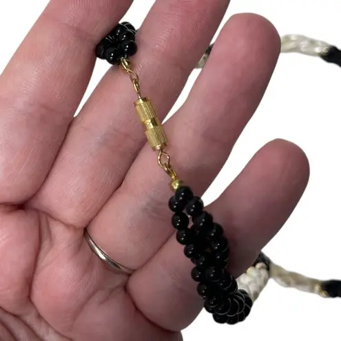 Vintage Twisted Necklace Faux Rice Pearl Bead Black Plastic White Textured Multiple