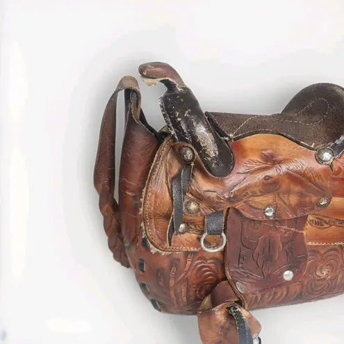 Vintage Saddle Bag Purse Tooled Leather Stirrups Horse Theme Mexico Brown