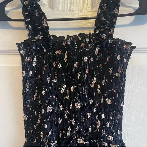 Floral Black Maxi Dress Rouched and Ruffles Size XS