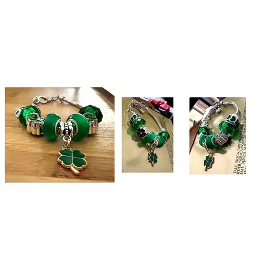 St Patricks Day Four Leaf Clover Bracelet New Beaded Charms Heart Dangle… Silver