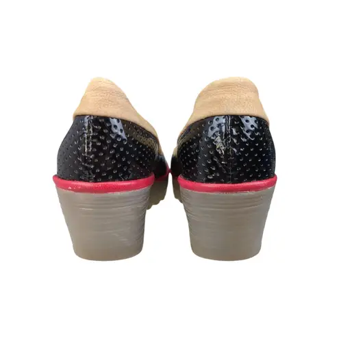 Fly London Yoko Wedge Platform Shoes Womens 39 8-8.5 Black Beige Leather Comfort