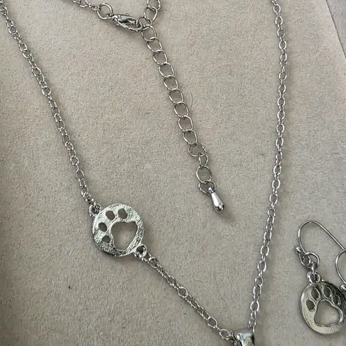 Boutique Silver Chain Necklace Poodle Dog Rhinestone Pendant Paw Print Earrings Set