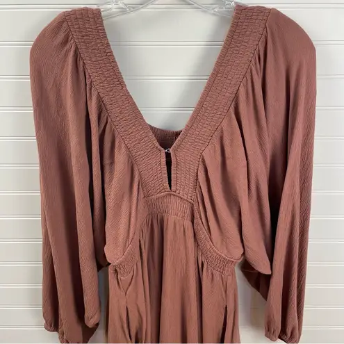 Boho Mauve Rust Balloon Bell Sleeve Mini Gauze Dress Flowy Cottagecore Chic M/L Brown Size undefined