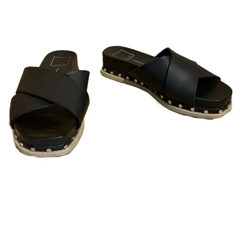 DOLCE VITA "GRACY" BLACK FAUX LEATHER SLIDE ON ESPADRILLE SANDALS (7.5)