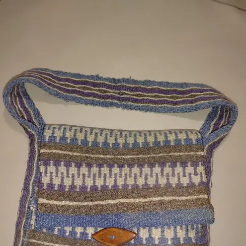 Handwoven Wool Shoulder Bag Blue White Brown Stripes Wood Button Closure Vintage