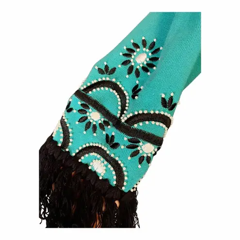 Bob Mackie  Wearable Art Open Cardigan Teal Green Long Sleeves Embroidered Fringe