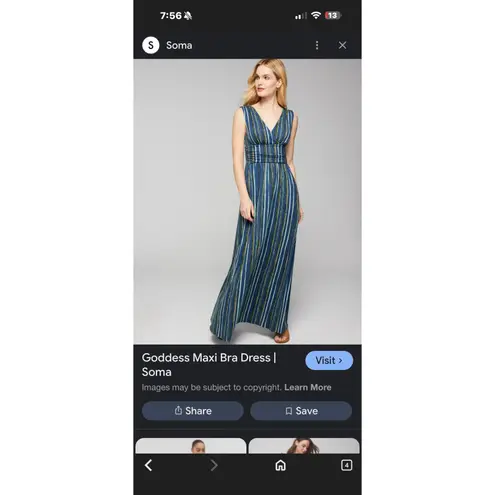 Soma Dress Women Medium Blue Sunray Stipe Jersey Knit Goddess Maxi Bra Boho NWT