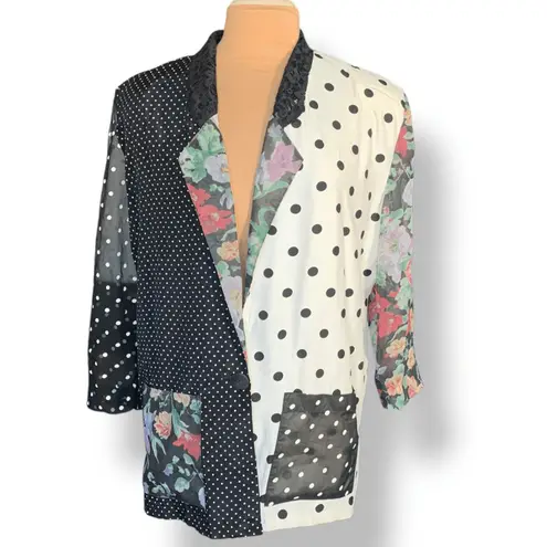 Vintage 90s Patchwork Polka Dot Floral Blazer Sheer Sleeve Lace Collar Oversized Black Size L