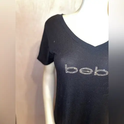 Bebe  SLEEP BLACK RHINESTONE LOGO SLEEP TEE V NECK SIZE L