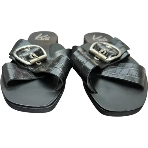 K. Cobler Italian Black Leather / Silver Buckle Flat Sandals Size 39 / 8.5