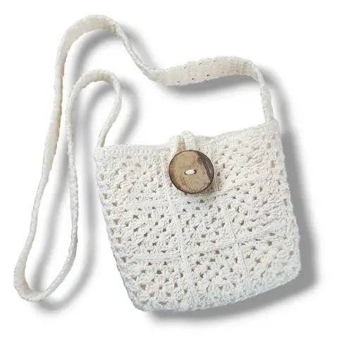 New Handmade Crochet Cotton Granny Square Crossbody Mini Bag Lined Purse Cream