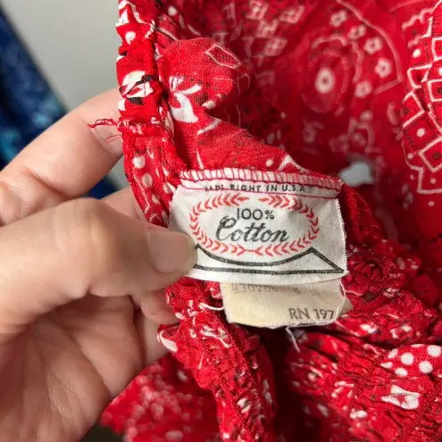 Vintage 70s 1970s Red Bandana Print Smocked Crop Top Puff Sleeve Peasant Blouse Size L