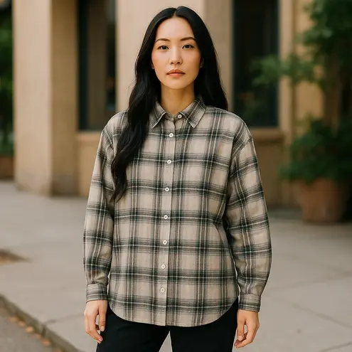 Romwe  Womens Shirt Sz L 8 10 Plaid Print Drop Shoulder‎ Blouse Tan Navy Blue