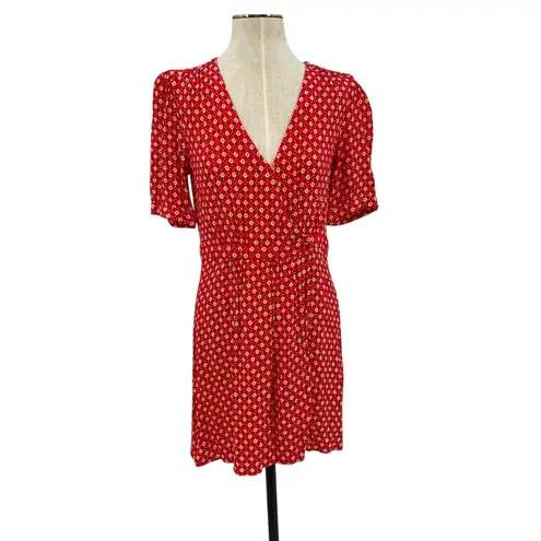 Ba&sh Charlie Dress Wrap Crepe Short Sleeve Floral Print Red White Size 2 US 8