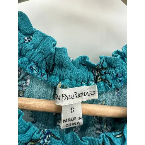 John Paul Richard Womens Blue Floral Sleeveless Tank Loose Top Tassel Size Small