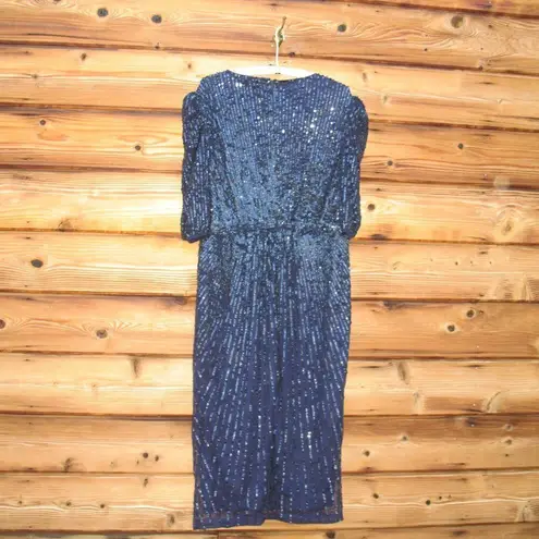 Mac Duggal 5578 Womens Sequined V Neck Short Puff Sleeve Midi Dress