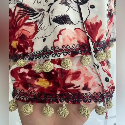 Soft Surroundings Blouse Floral Tassel Pom Pom Trim Tiered Boho Festival Size XL