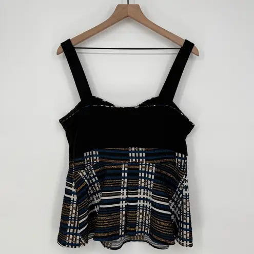Deletta Anthropologie Nathalie Peplum Top Black Pleated Stripes Plaid Size L