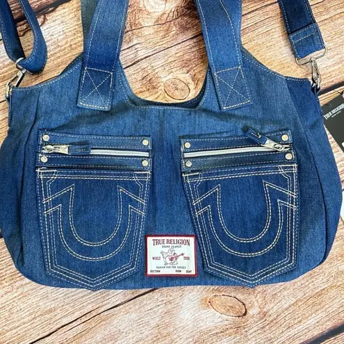 True Religion #18 NWT  Horseshoe Stitch Denim Tote Bag In Dark Denim