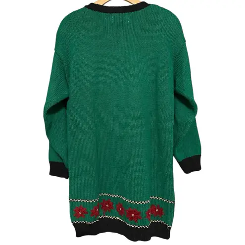 Ashley Hill Vintage Women’s Size M Green Christmas Swans Poinsettia Knit Sweater Size M