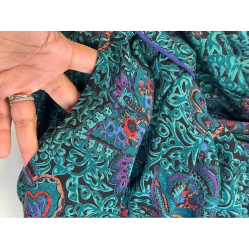 Vintage Phool Paisley Midi Dress Teal Purple Mock Neck Short Sleeve India M Green Size M