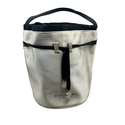 Bvlgari Parfums Cosmetic Bag Purse Small Satin Cream Black Bucket Luxury Glam