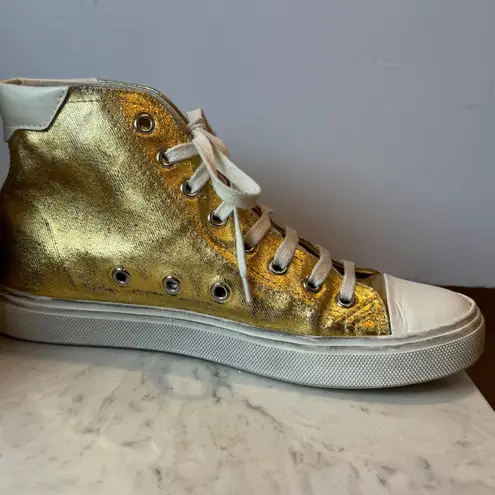 Saint Laurent Distressed Calfskin Bedford Logo-Appliqued Hightop Sneakers 6.5 Gold Cream White