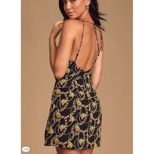 ASTR The Label Mini Dress Chain Reaction Black Gold Chain Print Tie Back