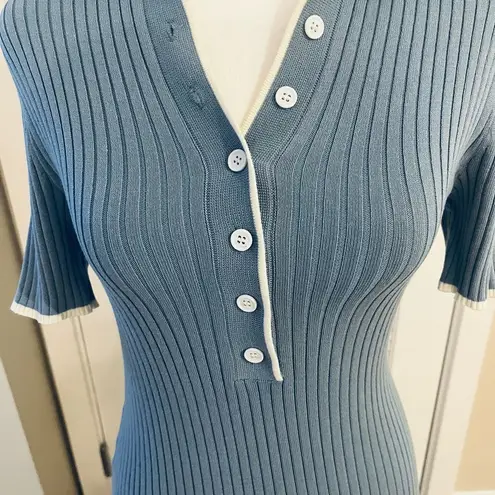 Merokeety Women's V Neck Ribbed Knit Midi Dress Short Sleeve Button Small