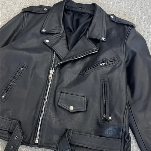 Black 100% Leather Motorcycle Jacket belted zipper pockets Size XL