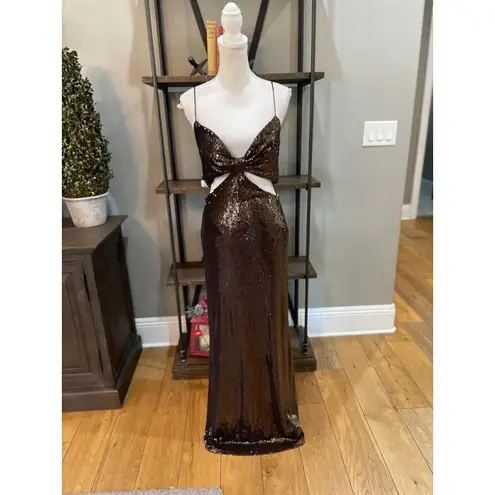 Halston Chloe Sequin Cut Out Evening Gown Brown Womens 8