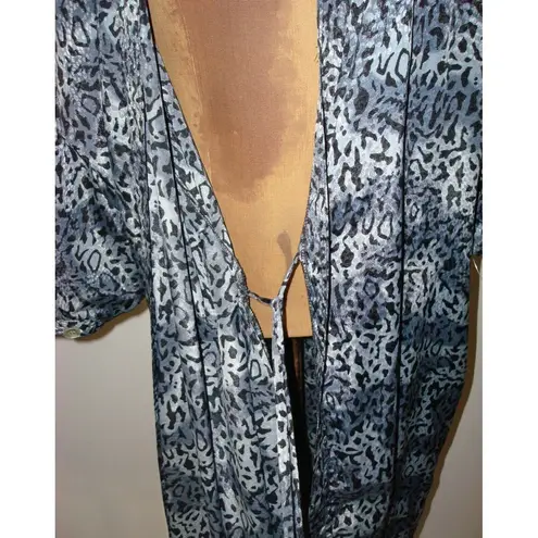 New Designer Josie Natori Caftan Robe M Silk Black Gray Long Pockets Cheetah Size M