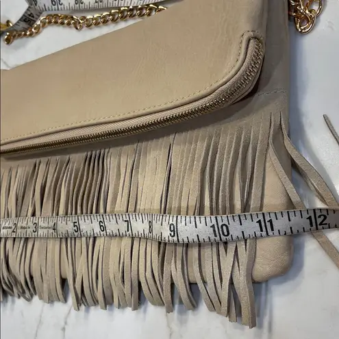 Moda Luxe Cream Pebbled leather Fringe Crossbody Clutch Envelope Bag gold chain