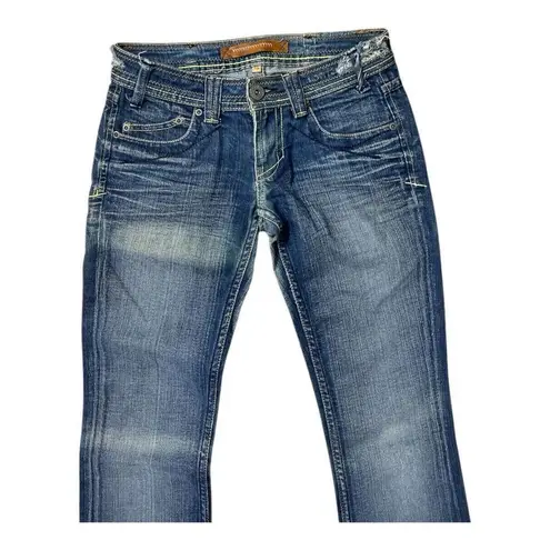 Yanuk Visionary Stitch Medium Wash Blue Jeans Size 25 Flare Boho Casual Raw