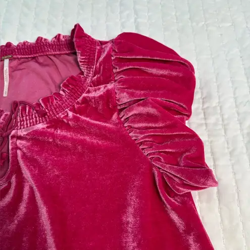 Free People  Fuchsia Crop Top Terese Velvet Shorts Puff Sleeve Keyhole Tie Neck