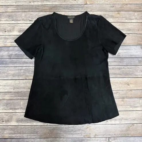 AS By DF Black Suede Leather Knit Back Short Sleeve Scoop Neck Top Medium