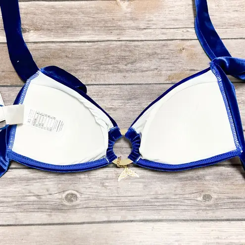 Lisa Blue Velvet Sorceres Halter Center Gold Ring Padded Side Tie Bikini NWT XS