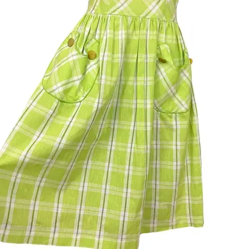 Vintage 60’s Handmade Lime Green Plaid Apron Style Fit and Flare Dress S