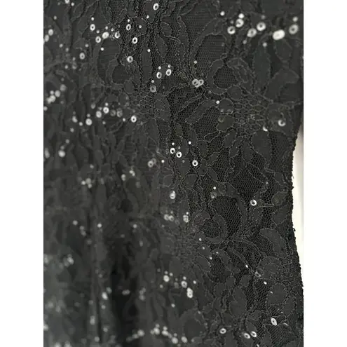 Lauren RALPH LAUREN Lace Sequin Black Dress 14 Ruched Waist Sheer Sleeve Formal
