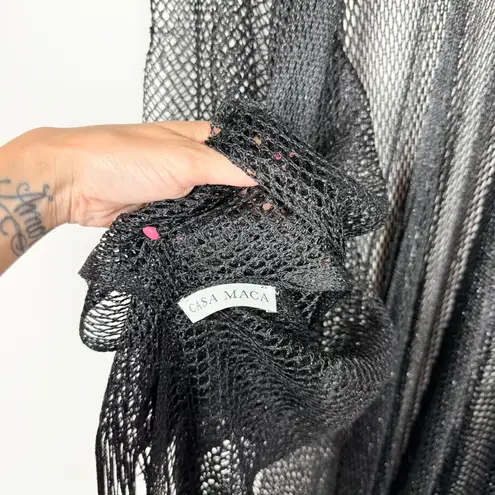 Casa Maca Black Shimmer Open Knit Mesh Fringe Kimono Swim Cover One Size Size undefined