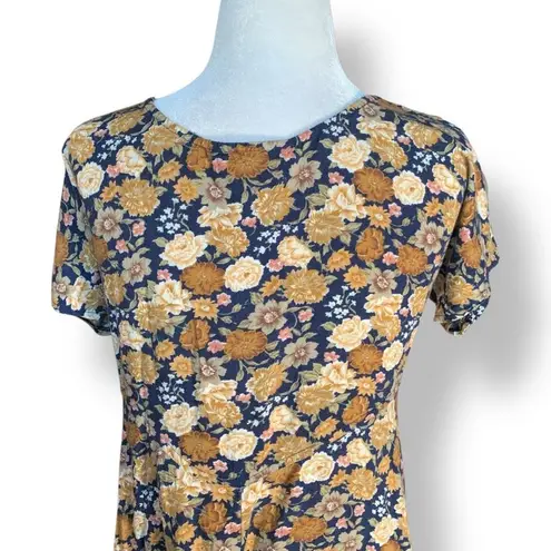 All That Jazz Vintage 90s Floral Midi Dress Blue Brown Short Sleeve Scoop Neck Size 4
