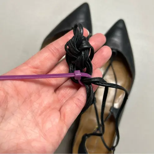 Aquazzura Christy Flat Black Leather Tie Up Lace Ankle Gold Plated EUR Size 35.5