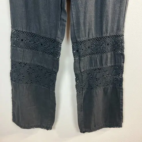 Dylan Linen Pants 8 Black Crochet Straight Leg Pockets Drawstring Womens New NWT