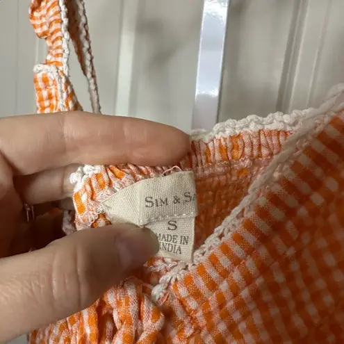 Sim & S Orange Gingham Crop Top Ruffle Strap Button Front Cottagecore Summer